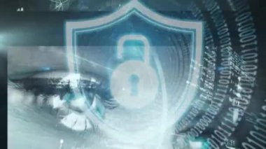 Animation of screens with diverse data over digital shield with padlock. Data safety, digital security and technology concept digitally generated video.