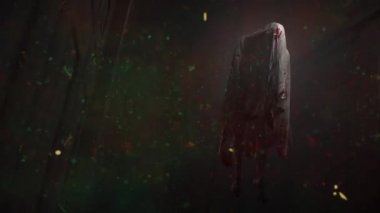 Animation of interference over ghost on black background at halloween. Halloween, tradition and celebration concept digitally generated video.