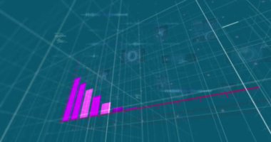 Animation of pink graph over data processing and charts on dark interface. Global communication, business, data and digital interface concept digitally generated video.