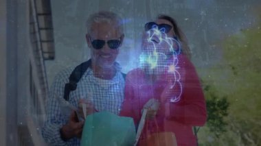 Animation of happy mature caucasian couple with shopping bag, global connections. Motion graphics, togetherness, leisure, computer graphic.