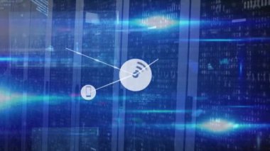 Sunucu odasındaki simgeler ve veri işleme ağı animasyonu. küresel bağlantılar, bilgisayar ve dijital arayüz konsepti dijital olarak oluşturulmuş video.