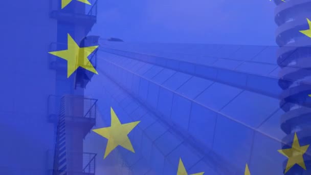 Composite Video European Union Flag Waving Tall Buildings European Union — Stock video