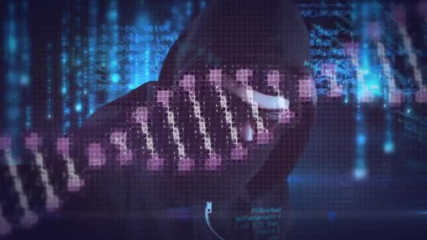 Animation Data Processing Dna Connections Caucasian Male Hacker Global Data — Vídeo de Stock