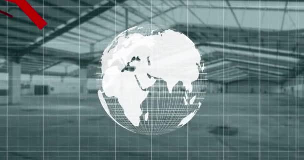 Animation Red Line Graphs Moving Globe Grids Building Interior Digital — Vídeo de Stock