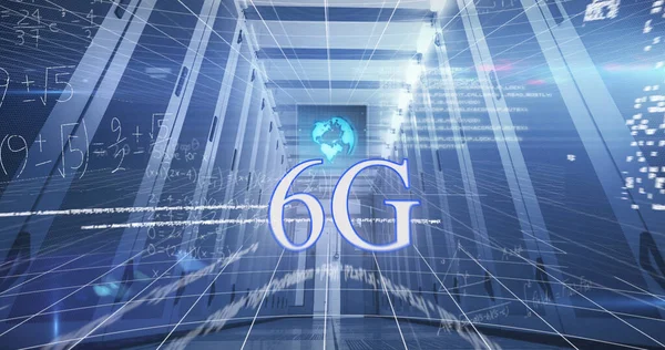 Image of 6g text, processing data and maths calculations over computer server room. Global communication, research, data and network concept digitally generated image.