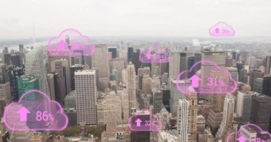 Animation of clouds icons over cityscape. Global business and digital interface concept digitally generated video.
