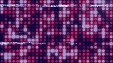 Animation of glitch technique and moving flared over glowing white and pink circles. Digitally generated, illustration, distorted, abstract, design and technology concept.