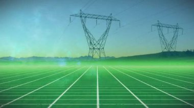 Animation of interference and white lines over pylons. Global technology, finances and digital interface concept digitally generated video.