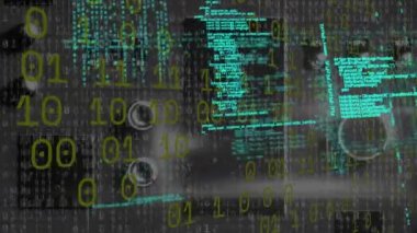 Animation of data processing over computer circuit board on black background. Global technology, computing and digital interface concept digitally generated video.