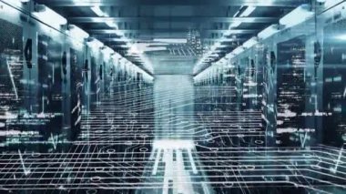 Animation of data processing and microprocessor connections over empty computer server room. Business data storage technology concept