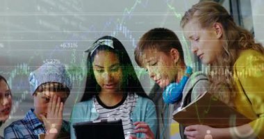 Animation of interface with graphs, soundwave, data over multiracial students studying over tablet. Digital composite, multiple exposure, database, childhood, education, e-learning and technology.