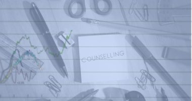 Animation of infographic interface over counselling text on sticky note with stationery on table. Digital composite, multiple exposure, database, investment, education, school supplies, mental health.