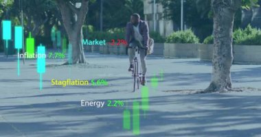 Animation of financial data processing with graph over african american businessman riding bike. Global business, finances and digital interface concept digitally generated video.