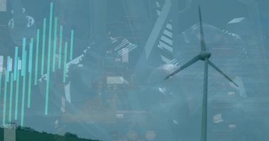 Animation of graphs moving over wind turbines against pump jack at oil industry. Digital composite, multiple exposure, technology, power generation, development, economy, fuel and power generation.