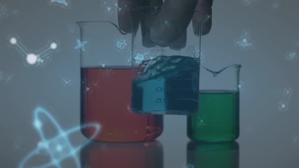 Animation Molecular Structures Close Hand Holding Beaker Filled Chemical Medical — Vídeo de Stock