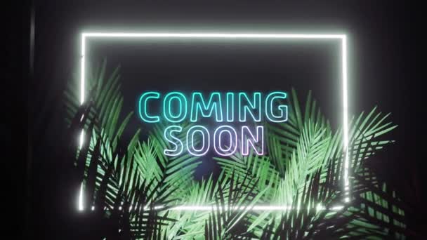 Animation Coming Soon Text Rectangle Frame White Neon Palm Leaves — Vídeo de Stock