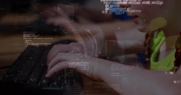 Animation Data Processing Spinning Globe Caucasian Girl Using Computer School — Stok video