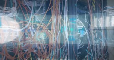 Animation of interface with data processing over close up of a computer server. Computer interface and business data storage technology concept