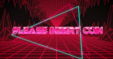 Animation of please insert coin text over digital tunnel. Retro future and digital interface concept digitally generated video.