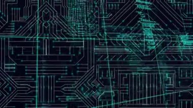 Animation of data processing over computer circuit board on black background. Global technology, computing and digital interface concept digitally generated video.