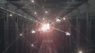 Animation of network of connections with icons over server room. Global connections, computing and digital interface concept digitally generated video.