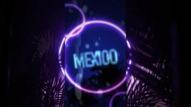 Animation of mexico text and ring in purple neon, with blue sky over palm leaves on black background. Travel and tropical holiday destination, retro future concept digitally generated video.