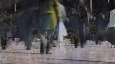 Animation of virus cells over diverse people on street. Global covid 19 pandemic and digital interface concept digitally generated video.