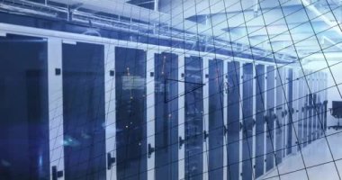 Animation of data processing and mathematical equations over server room. Global technology, computing and digital interface concept digitally generated video.