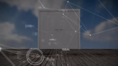 Animation of network of connections and data processing over door opening on wooden plank. Global networking and business technology concept