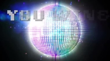 Animation of you win text over illuminated disco ball rotating with bright rays and lens flares. Digitally generated, abstract, video game, arcade, achievement, competition, nightclub, enjoyment.