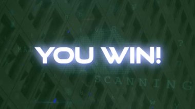 Animation of you win text and cyber attack warning over modern building. Global social media, online security and digital interface concept digitally generated video.