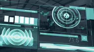 Animation of data processing with scope scanning over warehouse. Global shipping, computing and digital interface concept digitally generated video.