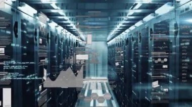 Animation of network of connections and diverse data over changing office. Global business finances and digital interface concept digitally generated video.