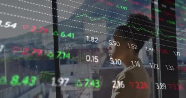 Animation of data processing over african american businesswoman. Global business and digital interface concept digitally generated video.