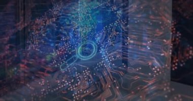 Animation of marketing strategy text over reading glass and server room. Global business and digital interface concept digitally generated video.