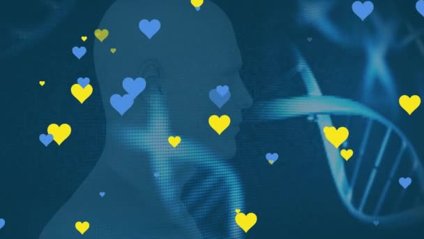 Animation Multiple Blue Yellow Heart Icons Dna Structures Human Head — Wideo stockowe