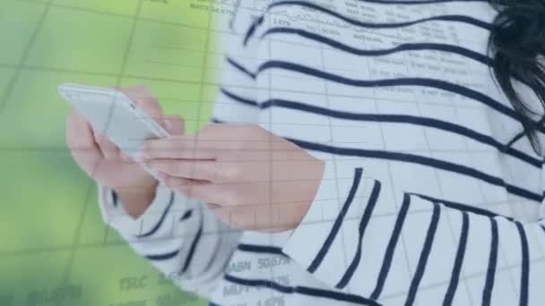 Animation Financial Graphs Data Midsection Caucasian Woman Using Smartphone Communication — Stok video