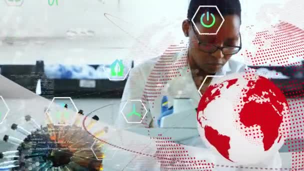 Rotating Globe Computer Icons African American Female Scientist Working Laboratory — Stock Video