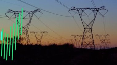 Animation of financial data processing over pylons. Global technology, finances and digital interface concept digitally generated video.