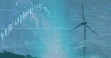 Animation of graphs, world map with data processing on digital interface against wind turbine. Digital composite, multiple exposure, power generation, sustainable energy, development, finance.