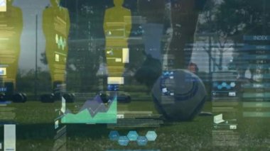 Animation of data processing over caucasian male soccer player with football. Global sport and digital interface concept digitally generated video.