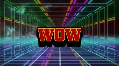Animation of wow and explosion over tunnel made of colorful squares. Video games, communication and technology concept digitally generated video.