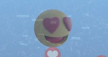 Animation of multiple heart icons and network of connections over heart eyes face emoji. Social media networking and business technology concept