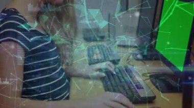 Animation of network of connections over caucasian woman using computer with copy space. Global networking and business technology concept