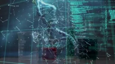 Animation of network of connections and dna structure over chemical pouring into a glass beaker. Medical research and science technology concept