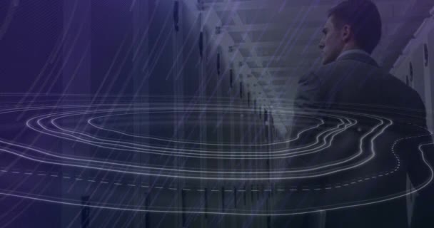 Animation Topography Light Trails Falling Male Engineer Walking Server Room — Video