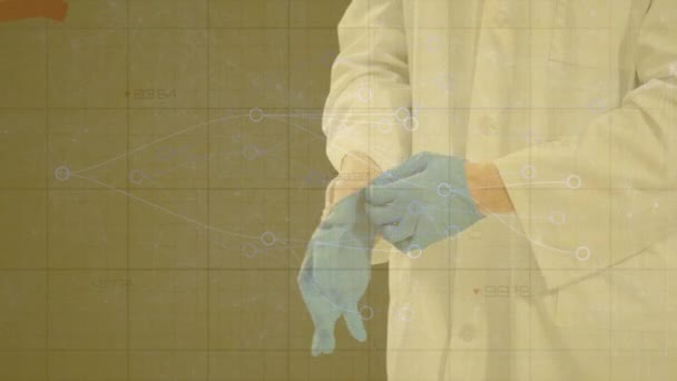 Animation Network Connections Mid Section Surgeon Wearing Surgical Gloves Medical — Vídeo de Stock