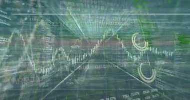 Animation of financial data processing against empty computer server room. Global finance and business data technology concept