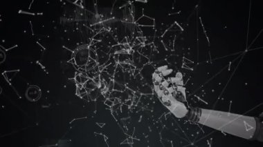 Digital animation of network of connections over robotic hand against black background. Medical research and science technology concept