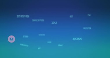 Animation of multiple message icons and changing numbers against blue gradient background. Social media networking and business technology concept
